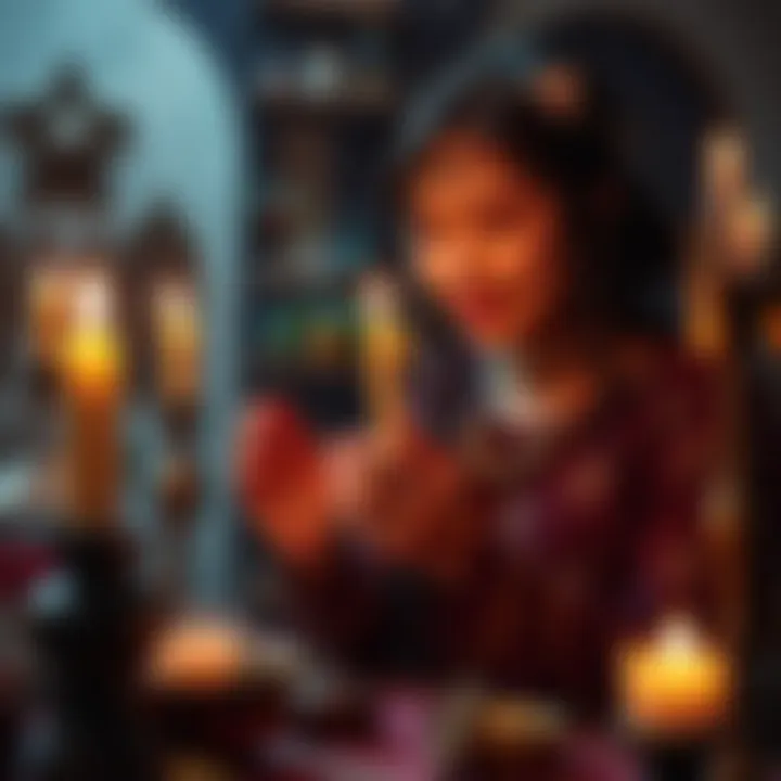 An individual engaging in a ritual with a candle and offerings, surrounded by symbols of their deity, looking hopeful and focused.