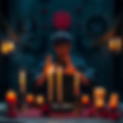 A person engaged in a ritual with candles, dark symbols, and an atmosphere of spirituality, illustrating the risks of working with Goetia spirits.