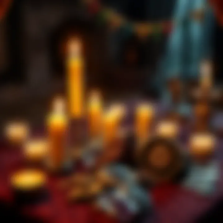 A table with candles, crystals, and coins used in rituals for attracting wealth and fulfilling wishes.