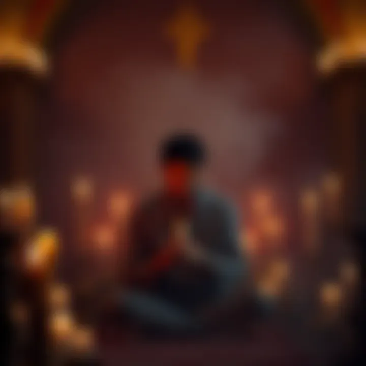 A person performing a ritual in a dimly lit room, surrounded by candles and spiritual symbols, looking contemplative.