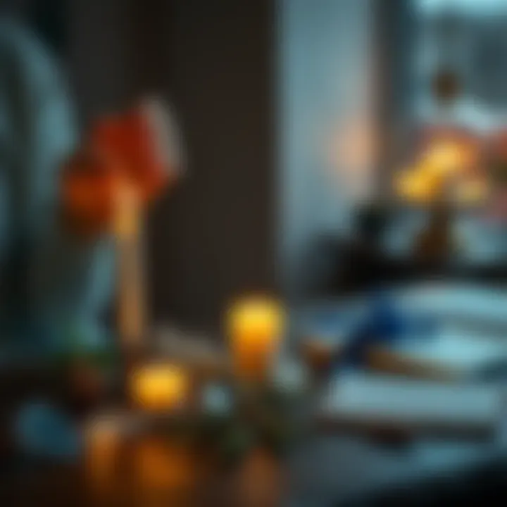 A person lighting a candle and arranging crystals on a table, surrounded by herbs and a journal, focused on creating a calming ritual for health and protection.