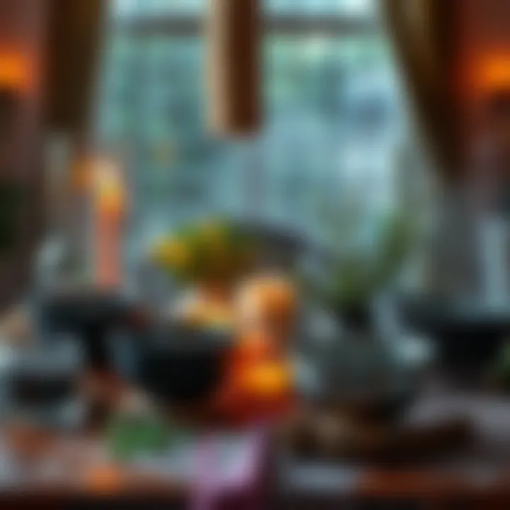 A table showcasing various items for rituals to cool off and encourage rain, with candles, herbs, and water bowls, set indoors