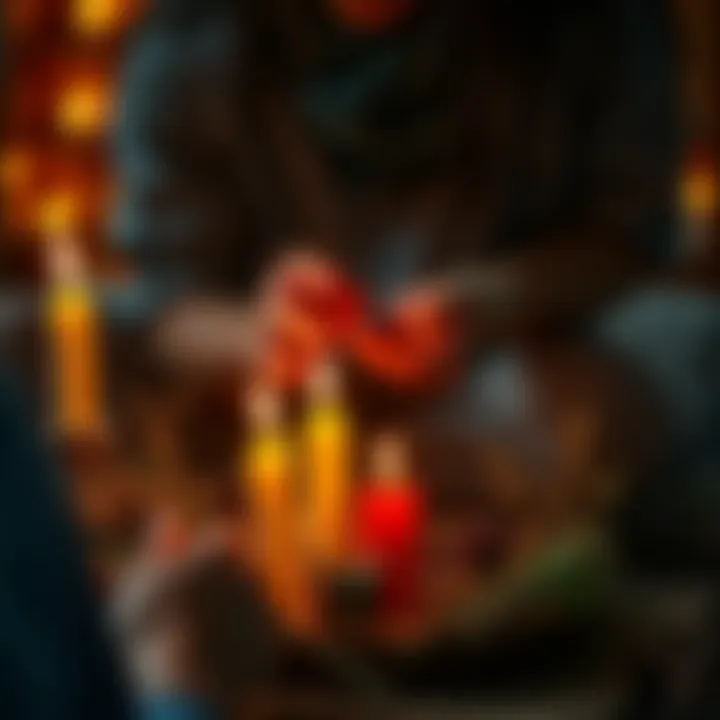 A person performing a ritual with candles and herbs to symbolize healing from alcohol addiction