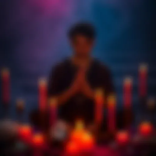 A person performing a ritual surrounded by candles and crystals, focusing on accessing different timelines.