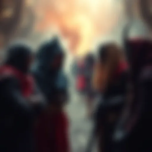 Two groups of cult members engaging in a tense conversation, showcasing their distinct symbols and expressions of rivalry.