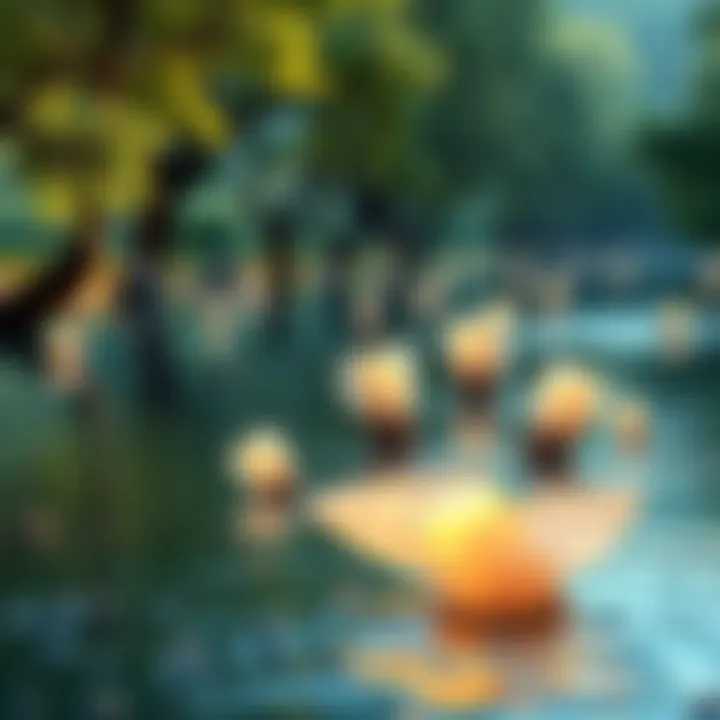 A serene river scene featuring biodegradable spells floating gently on the water's surface, with trees lining the banks