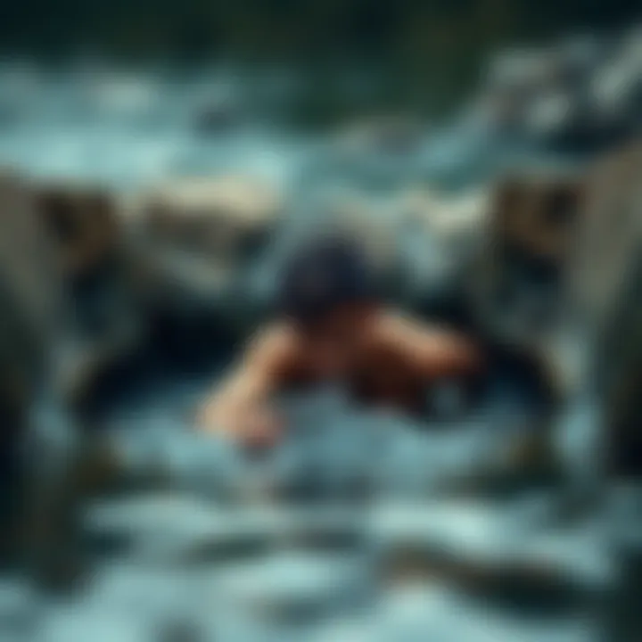 A person struggling in a deep river hole as their partner looks on with a shocked expression