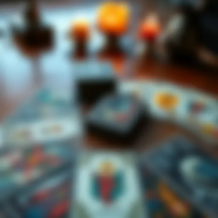 An RJ Kinner Tarot deck spread out on a wooden table, showcasing the colorful cards and their artistic designs.