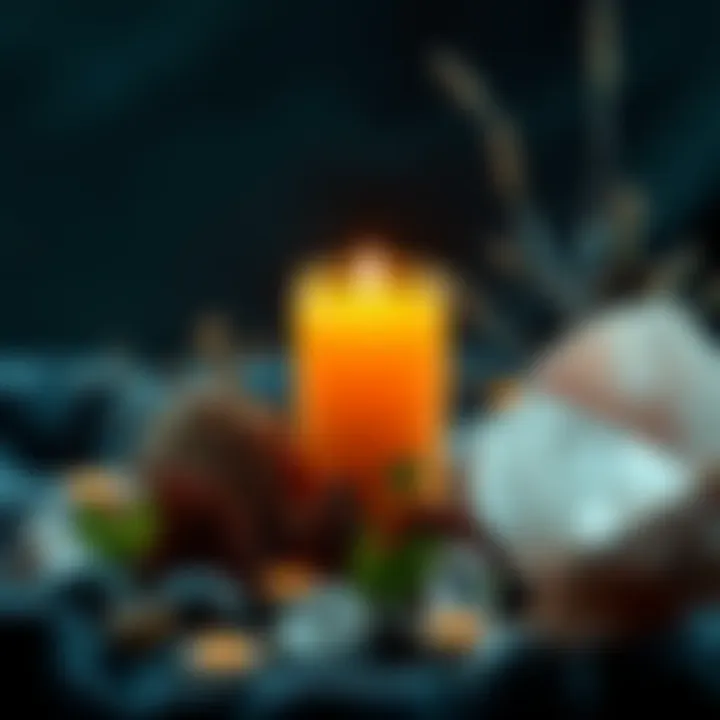 A road opener candle surrounded by various herbs and crystals, symbolizing positive energy and growth.