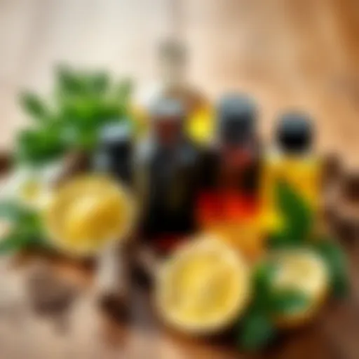 Simple Road Opener Oil Ingredients A collection of ingredients for road opener oil including lemon verbena, herbs, and oils arranged on a wooden table.