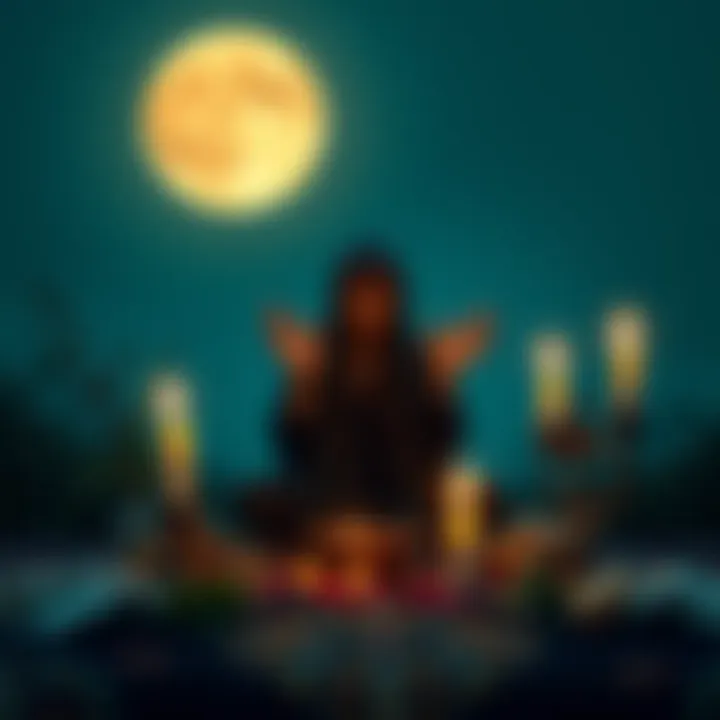 A person casting a Road Opener spell under the full wolf moon, surrounded by herbs and candles.