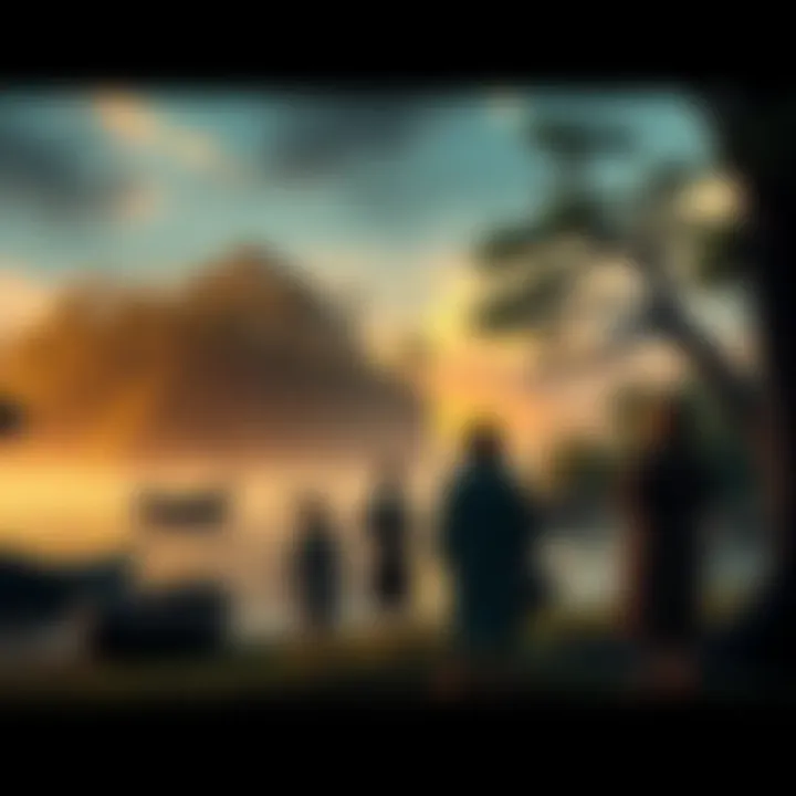A scene depicting a group of settlers looking towards the forest on Roanoke Island, showing their uncertainty and curiosity. There are boats on the shore and trees in the background.