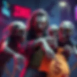 Rob Zombie playfully interacting with cartoonish zombies while holding a bag of money