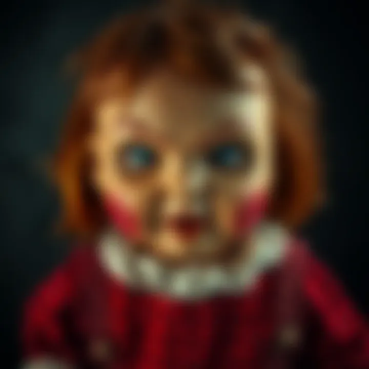 A close-up of Robert the Doll, showing his stitched face and worn clothing, with a mysterious background.