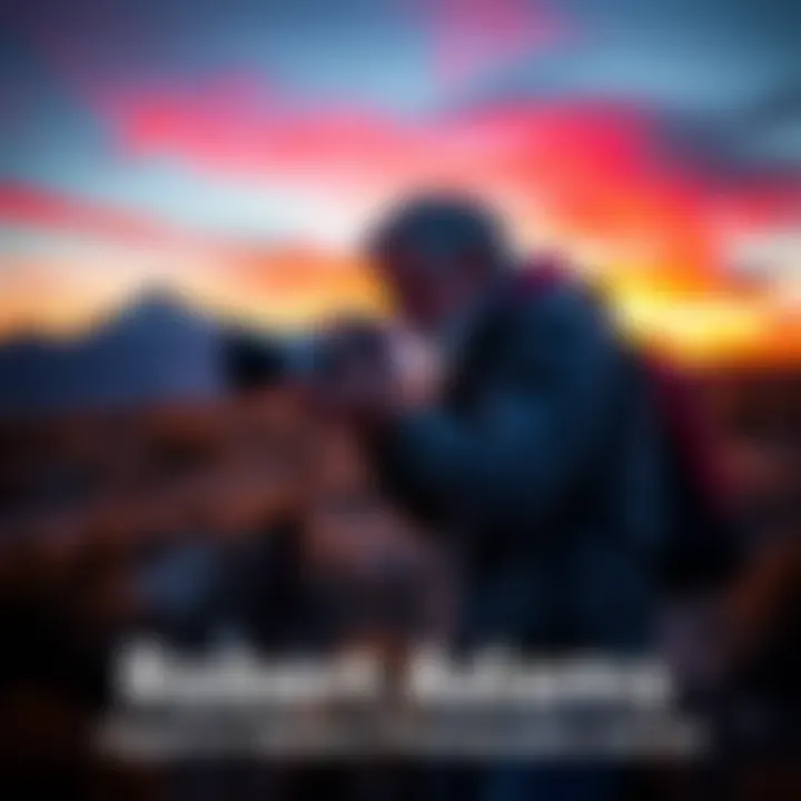 Robert Adams standing outdoors with a camera, capturing a photograph of a natural scene, reflecting his style in modern photography