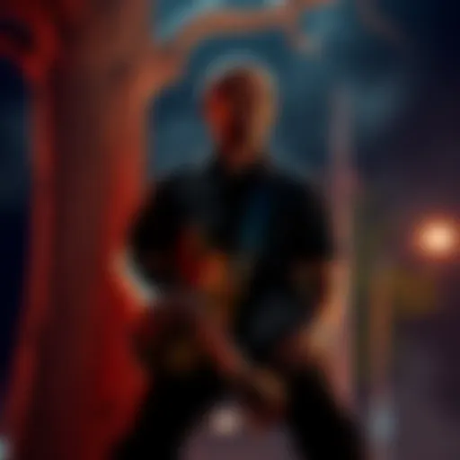 Robert Johnson passionately playing his guitar by a tree at night, with a mysterious aura around him.