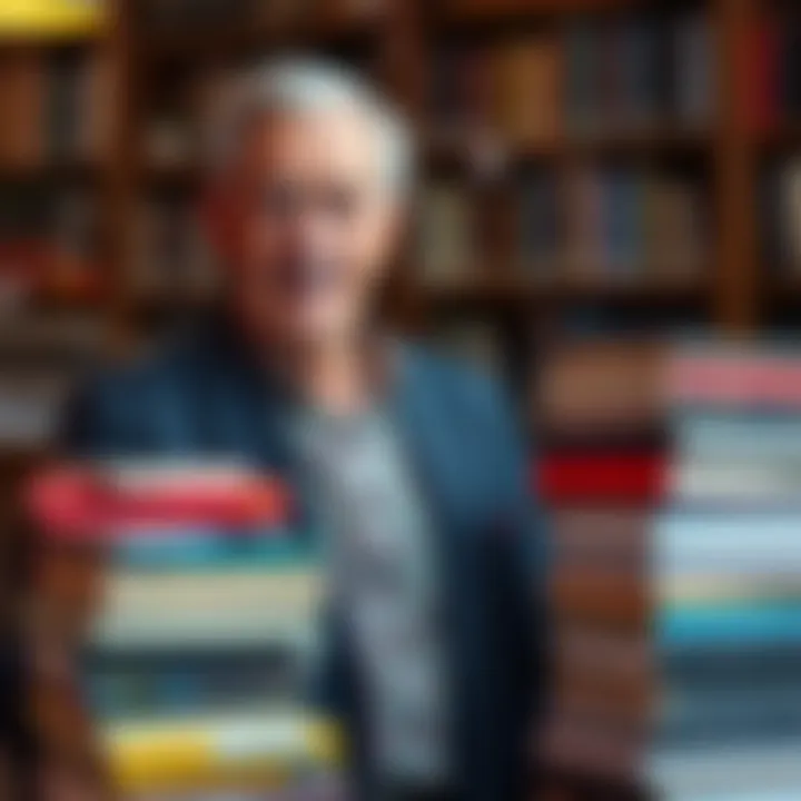 Robert Maxwell standing next to stacks of educational books, showcasing his influence in the publishing industry.