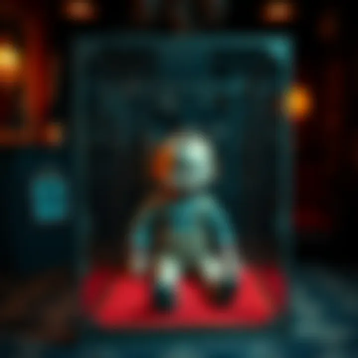 Robert The Doll sitting in a glass case surrounded by eerie decor in the museum