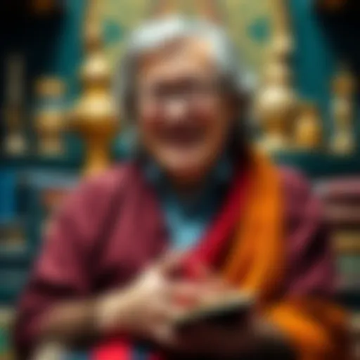 Robert Thurman giving a lecture on Tibetan Buddhism with a warm smile, surrounded by books and cultural symbols
