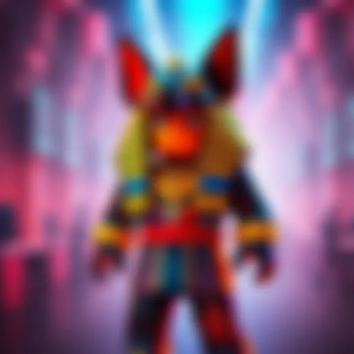 A colorful Roblox avatar resembling Anubis with a dog-like head and traditional Egyptian attire, standing confidently in a virtual setting