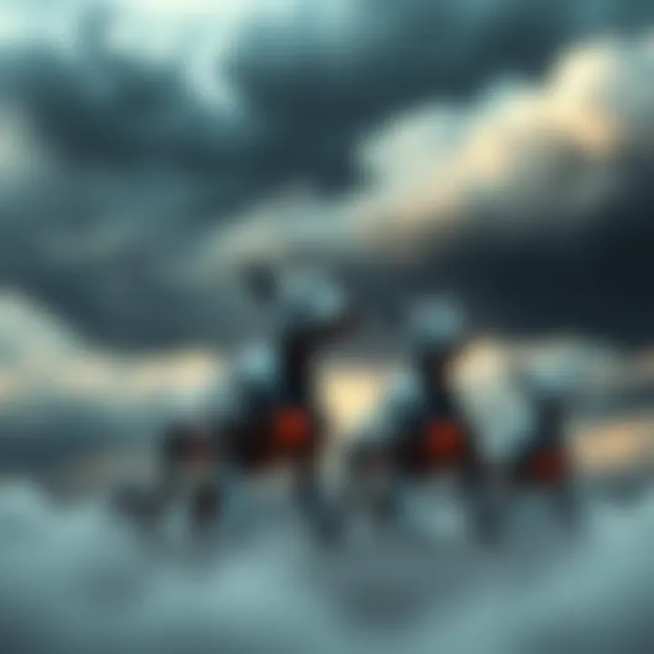 A scene featuring robotic dogs under ominous dark clouds with a countdown timer in the background, creating a sense of fear and unease.