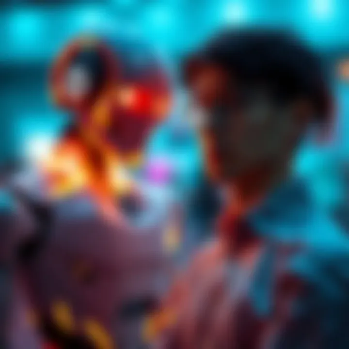 A robot stands next to a concerned human, symbolizing fears of AI taking over human roles.