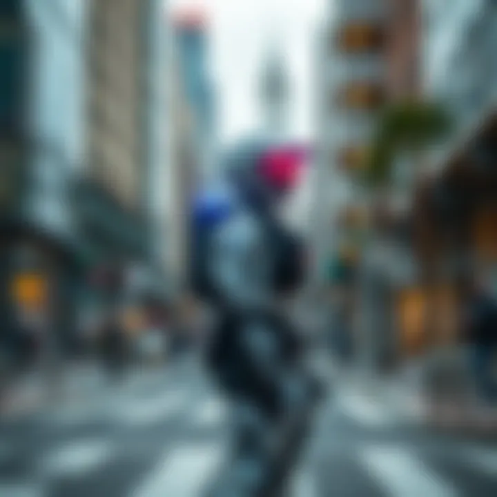 A robot police officer patrolling a city street, monitoring the area for public safety.