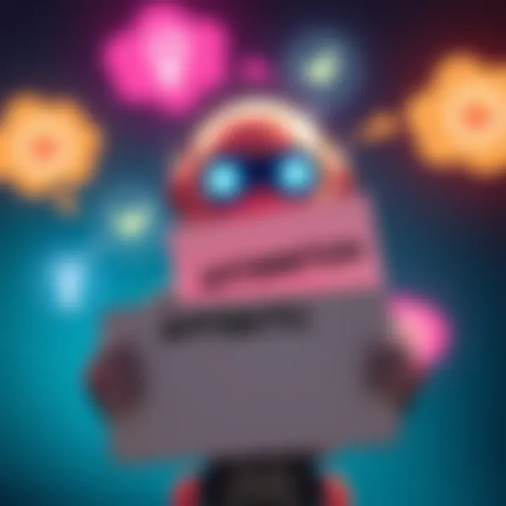 A robot holding a sign with affirming messages, surrounded by thought bubbles representing different ideas, symbolizing clarity and engagement in robotic affirming.