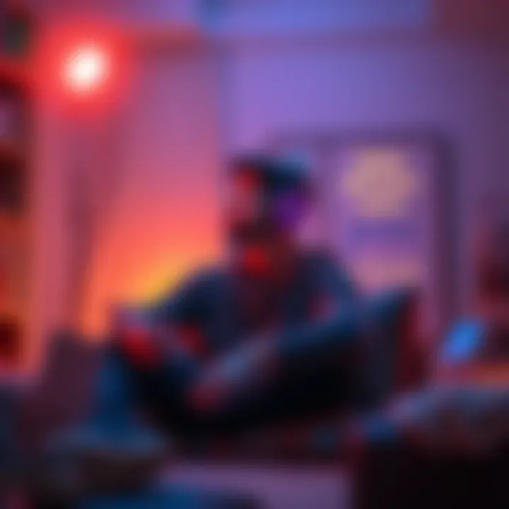 A person sitting in a cozy room, listening to robotic affirmations through headphones while looking relaxed and focused. A glowing light and motivational quotes are visible around them.