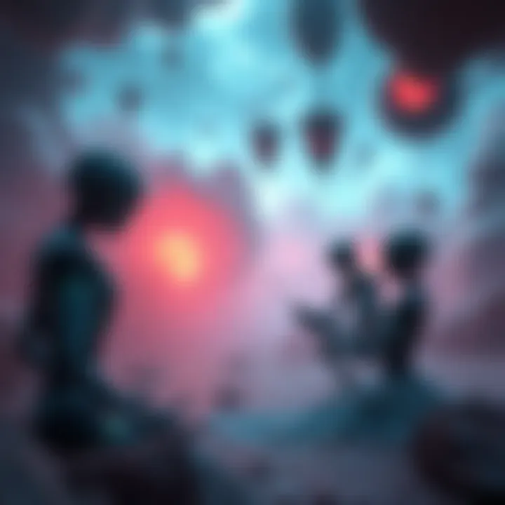 A dream scene featuring robotic figures interacting in a surreal environment, showing vivid colors and mysterious elements.