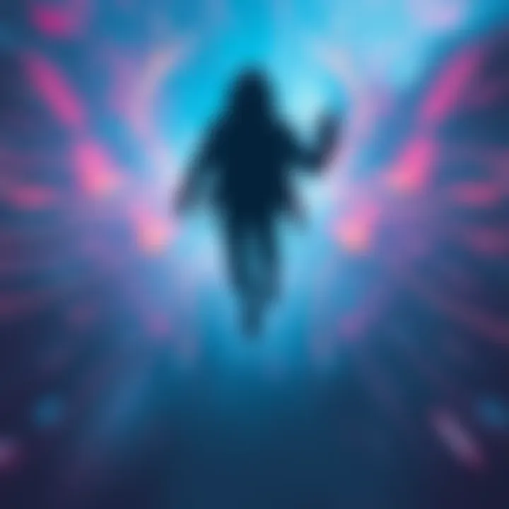An individual floating above their body, surrounded by swirling colors and faint robotic sound waves, representing an out-of-body experience.
