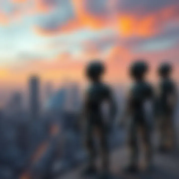 A group of robots standing on a rooftop, surveying a city below, symbolizing control and surveillance.
