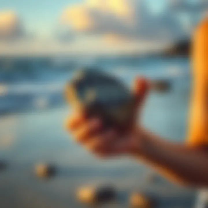 A beach-goer holds a rock that resembles a pattern from their dream, with the ocean in the background.