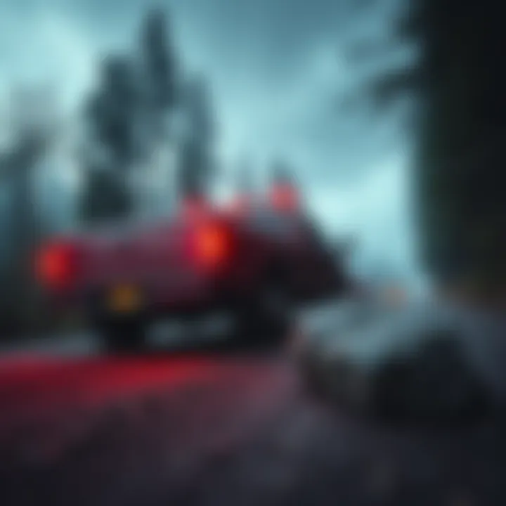 Rock Hits Truck in Oregon Forest A truck on a forest road with a rock lying on the ground beside it
