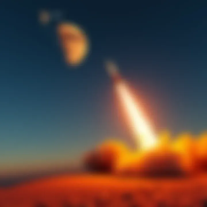 A rocket launching toward the sky with a backdrop of Mars and the lunar node depicted in the night sky, symbolizing increased tensions in the region.