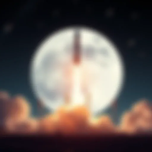A rocket taking off towards the moon, with a backdrop of stars and comets, symbolizing the Artemis II mission.