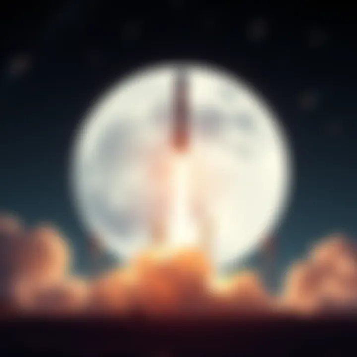 A rocket taking off towards the moon, with a backdrop of stars and comets, symbolizing the Artemis II mission.