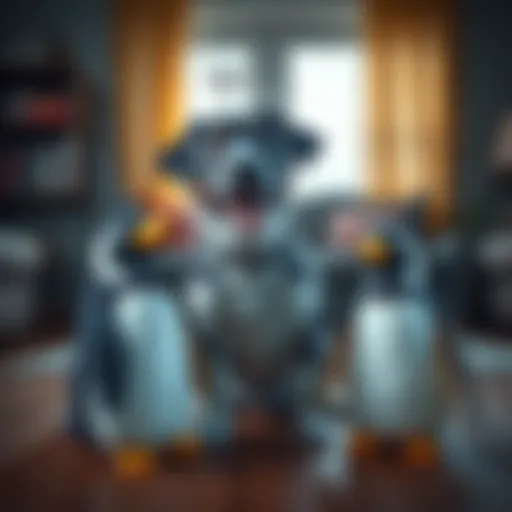 A dog named Rocky sits with two identical penguin toys, looking curious and playful, in a cozy living room.