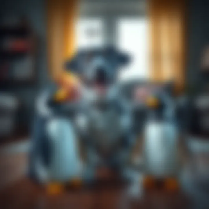 A dog named Rocky sits with two identical penguin toys, looking curious and playful, in a cozy living room.