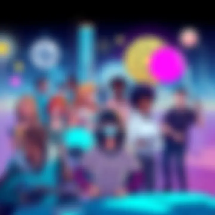 A vibrant illustration of a diverse group of people engaged in roleplay, surrounded by futuristic elements representing a 2025 alternate future.