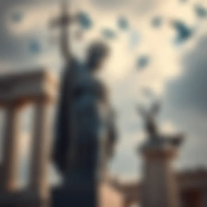 A statue of Atlas holding the world, surrounded by Greek and Roman symbols