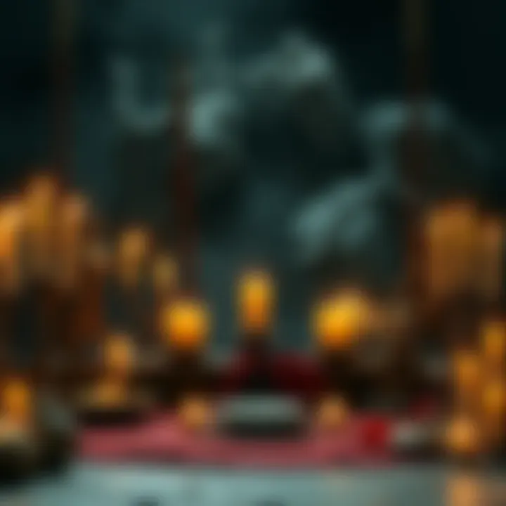 A depiction of a Roman pagan ritual with offerings to underworld deities, including candles and symbolic items on an altar.