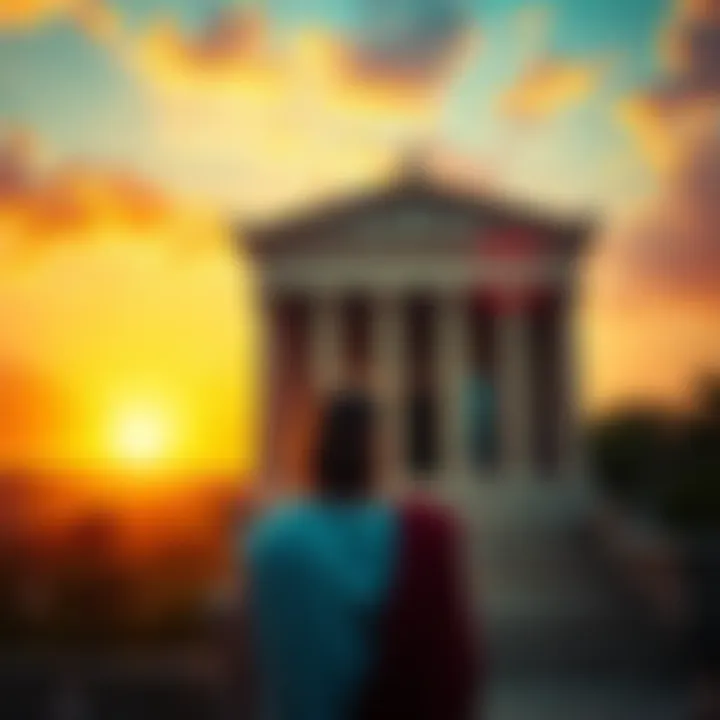 A person in traditional Roman attire stands in front of a temple, contemplating the deities Jupiter and Hermanubis, with a serene expression amidst a vibrant sunset.