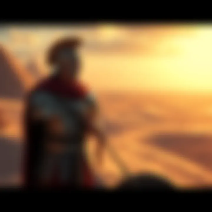 A Roman soldier named Flavius standing in a desert setting, wearing armor and looking out towards the horizon, symbolizing his journey and experiences in battle.