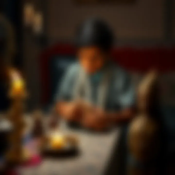 A Romanian boy sitting at a table with symbolic Vodou items, looking contemplative while holding a small altar