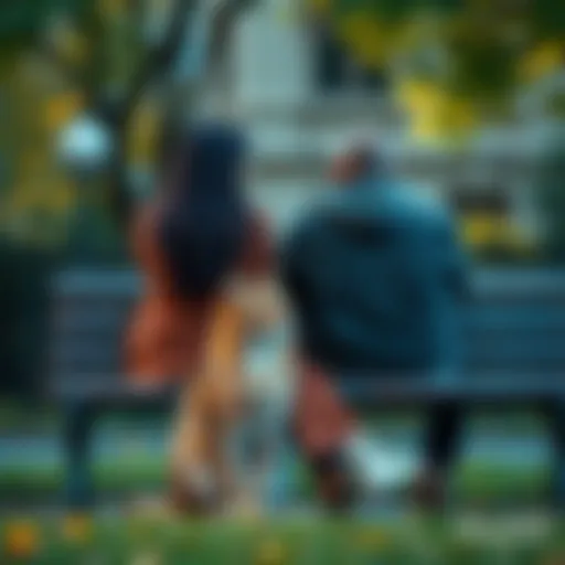 A couple sits on a park bench looking thoughtful, with a big cat beside them, symbolizing the choice between love and pet adoption.