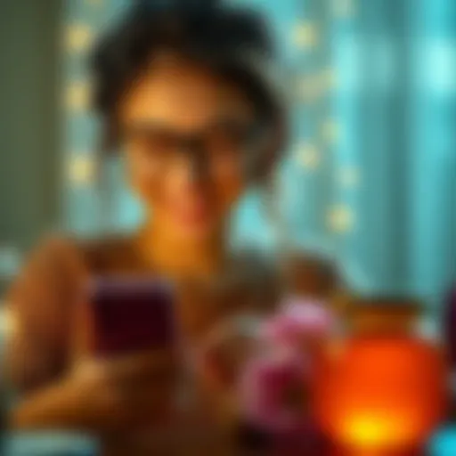 A person smiling while reading heartfelt texts on their phone, symbolizing a romantic turnaround after a honey spell, with honey jar nearby.
