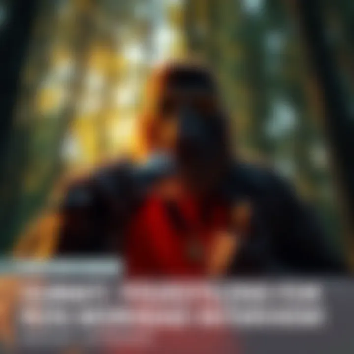 A person holding a microphone, surrounded by forest, inviting questions about Bigfoot.