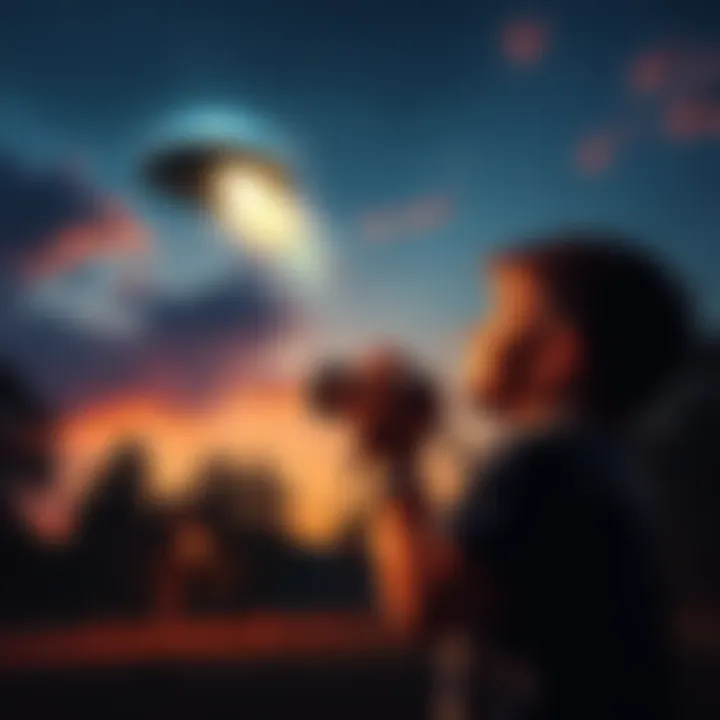 A young boy holding a camera, gazing up at a strange flying object in the sky, with trees in the background in Pamlico County.