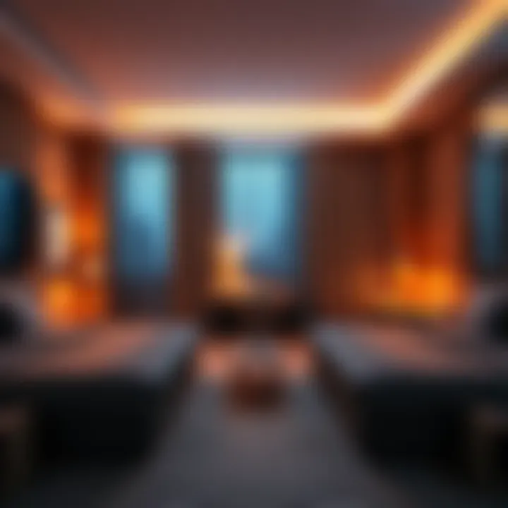 A cozy room arranged for three people with beds, a desk, and seating area.